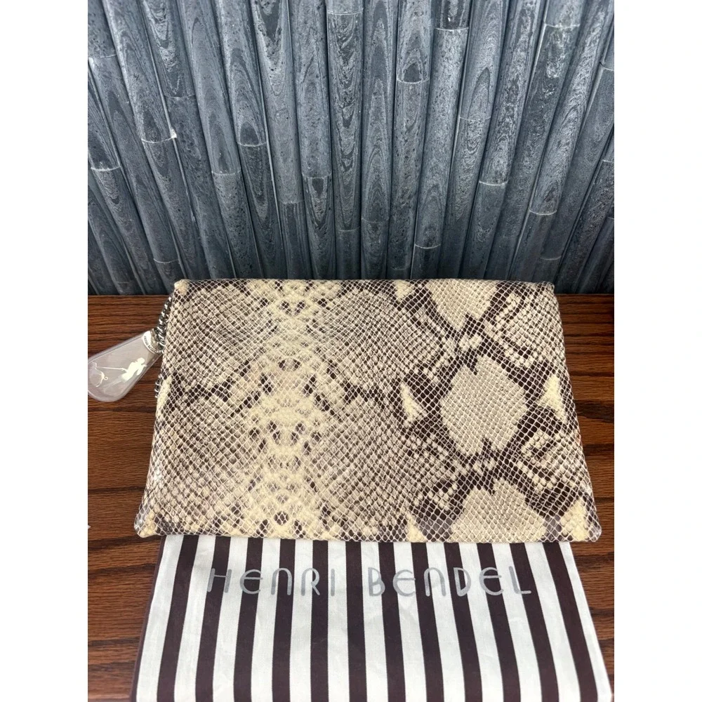 Henri Bendel Snakeskin Embossed Leather Convertible Clutch Crossbody Bag Tan